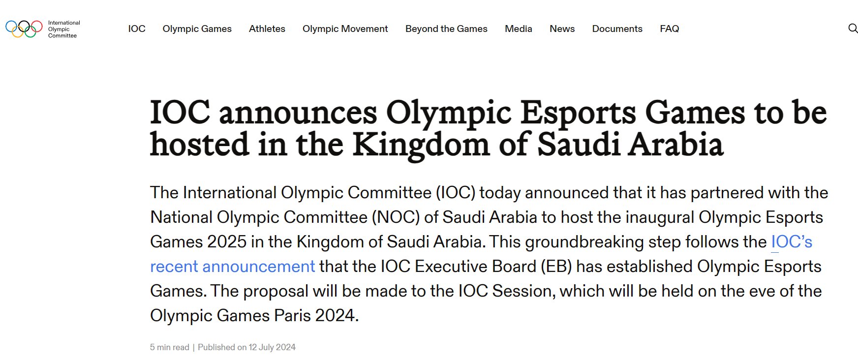 国际奥委会：首届电竞奥运会将于2025年在沙特举办